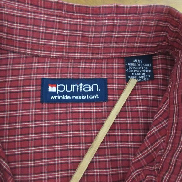 Puritan Shirt Mens Large (42/44) Red Plaid Button Front Long Sleeve Collar - Picture 3 of 7